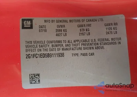 2011 Chevrolet Camaro 2Lt z USA, uszkodzony, nr VIN 2G1FC1ED5B9111938